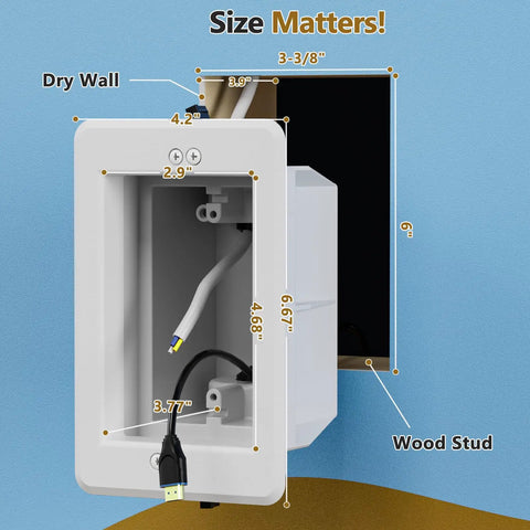 Recessed Wall Outlet Box For TV Mounts And Home Theater 1 Gang Flush Mount Electrical Box with dimensions and wiring detail