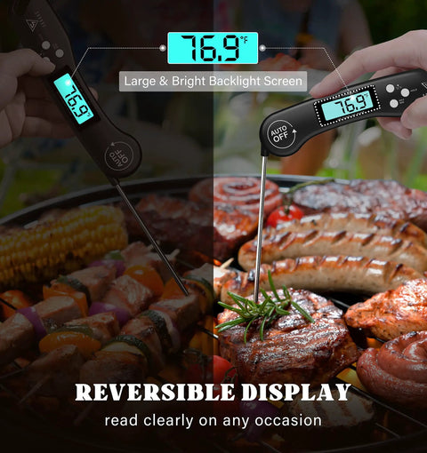 Pro Grade Instant Read Digital Meat Thermometer For Grilling And Cooking, 2-3 Second Temperature Check With 1 Degree Fahrenheit Accuracy, Perfect For Steak, BBQ, Smoking Brisket, Oven, And Slow Cooker. Black digital thermometer with backlit screen and probe over grill