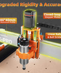 Close-up view of Pro Grade CNC Router XE PRO 3 Axis Engraving Milling Machine with ball screws and closed-loop stepper motor.