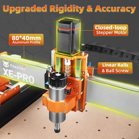 Close-up view of Pro Grade CNC Router XE PRO 3 Axis Engraving Milling Machine with ball screws and closed-loop stepper motor.