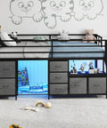 Low Loft Bed For Kids With Seven Storage Drawers And Built In Bookcase Twin Size Space Saving 14 Inch Guardrail Inclined Ladder LED Lights