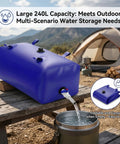 240L Foldable Water Storage Bladder for Outdoor Camping on picnic bench, blue PVC with valve, pouring water into bucket