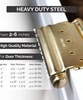 Heavy duty steel hinge with size details; Adjustable Double Action Spring Hinge For Saloon And Cafe Doors Self Closing Dual Swing Door Hardware 6 Inch Matte Black Finish Durable Rust Resistant Steel With Optional Zinc Brass And Oil Rubbed Bronze Finishes. Optional zinc brass finish shown.