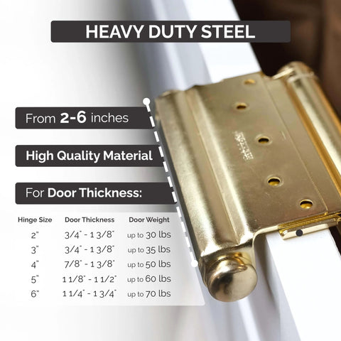 Heavy duty steel hinge with size details; Adjustable Double Action Spring Hinge For Saloon And Cafe Doors Self Closing Dual Swing Door Hardware 6 Inch Matte Black Finish Durable Rust Resistant Steel With Optional Zinc Brass And Oil Rubbed Bronze Finishes. Optional zinc brass finish shown.