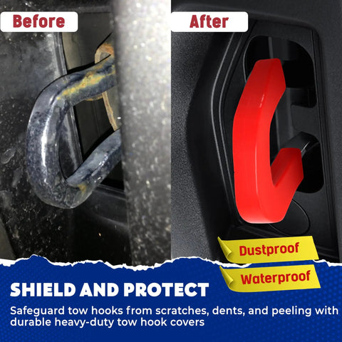 Before and after installation of GMC Sierra 1500 Tow Hook Cover Red Silicone Rubber Upgrade Design For 2019 To 2025 Models Front Bumper Accessory Easy Install Durable Replacement Premium Grade Build