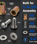 40-Piece 1/4-20 Rivet Nut and Bolt Hardware Kit With Carbon Steel Rivnuts, Stainless Steel 3/4 Inch Button Head Socket Cap Screws, Flat Washers