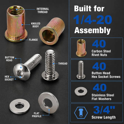 40-Piece 1/4-20 Rivet Nut and Bolt Hardware Kit With Carbon Steel Rivnuts, Stainless Steel 3/4 Inch Button Head Socket Cap Screws, Flat Washers
