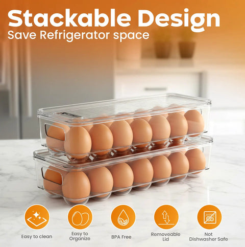 Clear Stackable Egg Organizer Trays With Lids And Handles, 14 Slot Fridge Storage Bins, Pack Of 2 For Kitchen Or Pantry Organization, Keeps Eggs Fresh Bruise Free And Neat