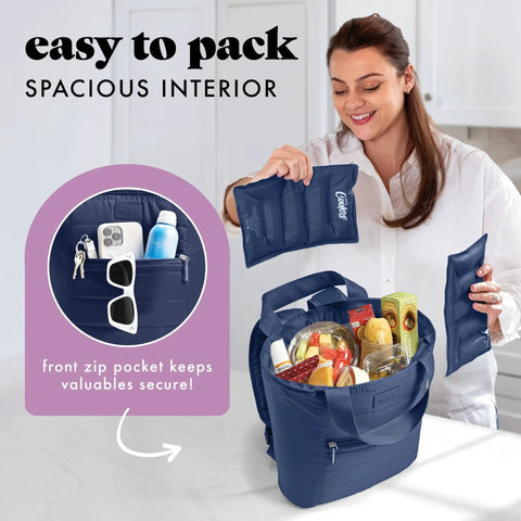 Woman with Insulated Leakproof Cooler Backpack For Women Soft 12 Can Lunch Tote Lightweight Beach Picnic Bag Travel Ready Navy.