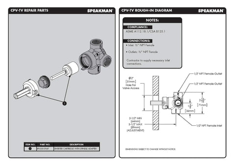 Two Way Brass Shower Transfer Valve With Ceramic Cartridge, 1/2 In NPT Inlet And Two Outlet Connections diagram