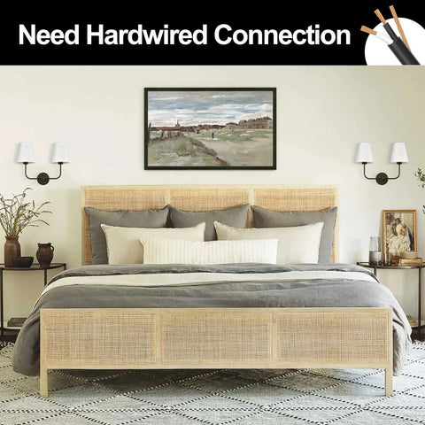 Hardwired 2 Light Dual Lamp Modern Armed Wall Sconce With Flared White Fabric Shades in farmhouse bedroom