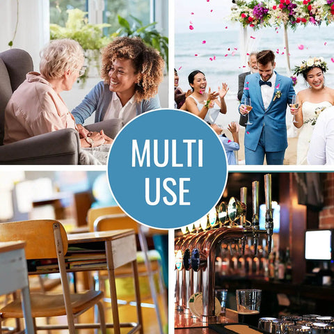 Collage showing diverse uses of the multi purpose call bell for home care, weddings, classrooms, and bars.