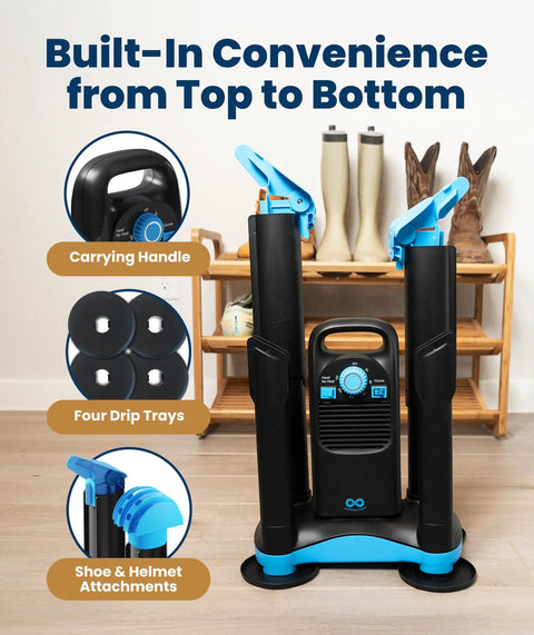 Badass Upgraded Boot Dryer for Work Boots and Training Shoes with carrying handle, four drip trays, and attachments.