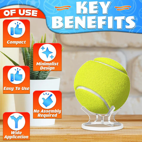 Clear Baseball Holder Stand 1.96 Inch Acrylic Display Stand For Baseballs Softballs Golf Balls Tennis Balls And Small Collectible Balls Perfect Desk Shelf Decor showcasing a tennis ball.