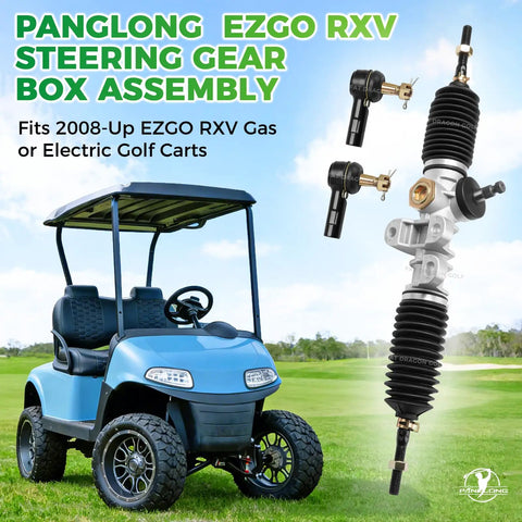 EZGO RXV Steering Rack Assembly For 2008-Up Golf Cart Gas Or Electric shown with golf cart background
