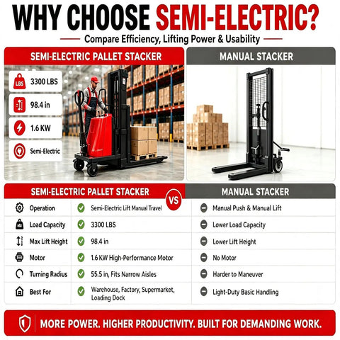 Comparison of Heavy Duty 3300 Lbs Semi Electric Straddle Pallet Stacker With A Smooth 48V Motor Plus Durable Polyurethane Tires to manual stacker.