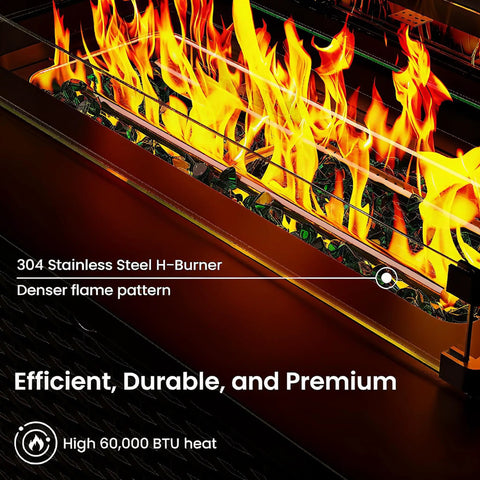 304 stainless steel H-burner with flames in 43 Inch Rectangular Propane Fire Pit Table With 60,000 BTU Heat For Backyard Hangouts