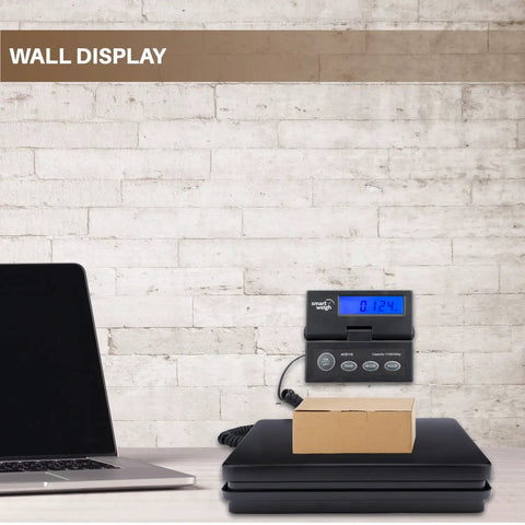 Digital Postal Shipping Scale That Crushes It 110 Lb 50 Kg To 0.1 Oz 2 G Precision With wall mount display in office setting.