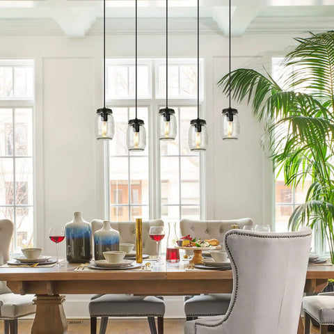 Five Light Mason Jar Pendant Lighting Fixture Black Rustic Farmhouse Chandelier for Kitchen Island with glass jar shades.