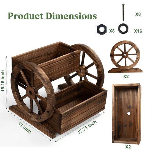 Wooden Wagon Planter Box With Wheels For Indoor And Outdoor Patio Garden Decor Ideal For Flowers Herbs Vegetables And Succulents A Charming Mobile Flower Cart To Brighten Balconies Decks And Entryways, dimensions 17 x 17.71 x 15.16 inches.