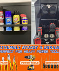 Magnetic Power Tool Organizer Rack For The Shop, Heavy Duty 4 Slot Drill Holder, Solid Metal Tool Rack For Screwdrivers And Cordless Drills, Garage Cart Must Have shown installed with drills and spray cans, highlighting durability and tool organization.