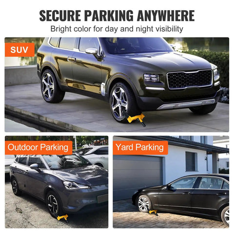 Universal Wheel Clamp Lock Set on SUV, car parked outdoors with Anti Theft Tire Lock, adjustable heavy duty steel, 6 keys