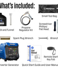 Included items with Dual Fuel 5000 Peak Watt Inverter Generator With Remote Start Gas Or Propane Powered RV Ready 30A Outlet.