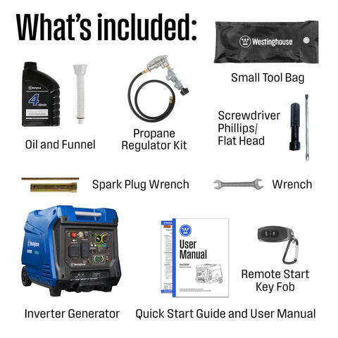 Included items with Dual Fuel 5000 Peak Watt Inverter Generator With Remote Start Gas Or Propane Powered RV Ready 30A Outlet.