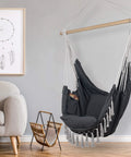 Grey Macrame Hammock Chair With Cushions For Indoor And Outdoor Use, Large 60 By 47 Inch Hanging Rope Swing in living room