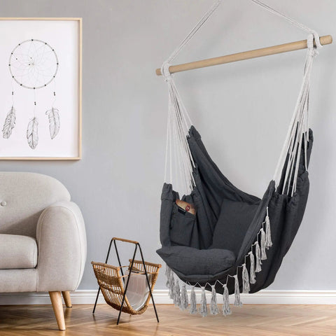 Grey Macrame Hammock Chair With Cushions For Indoor And Outdoor Use, Large 60 By 47 Inch Hanging Rope Swing in living room
