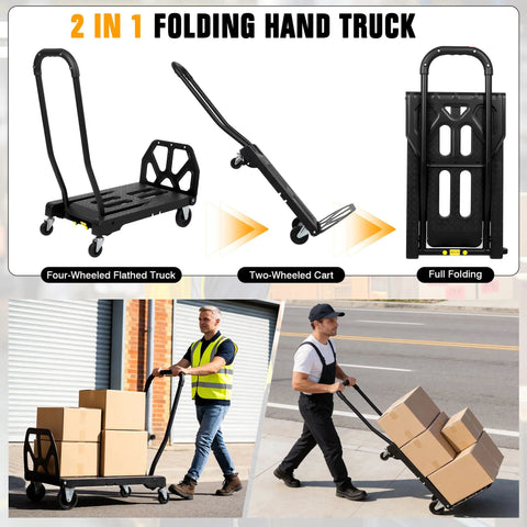Heavy Duty Folding Hand Truck With Four Wheel Mode And Two In One Collapsible Push Cart And Fold Up Toe Plate For 300lbs Hauling On The Go