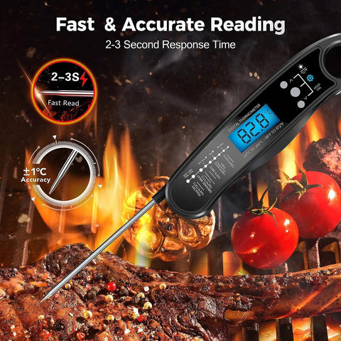 2-In-1 Instant Read Meat Thermometer With Dual Probes in use on grilled meat, backlit display showing temperature, BBQ setting.