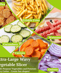 Extra-Large wavy vegetable slicer with wooden handle; shown with cucumbers, carrots, onions and fries