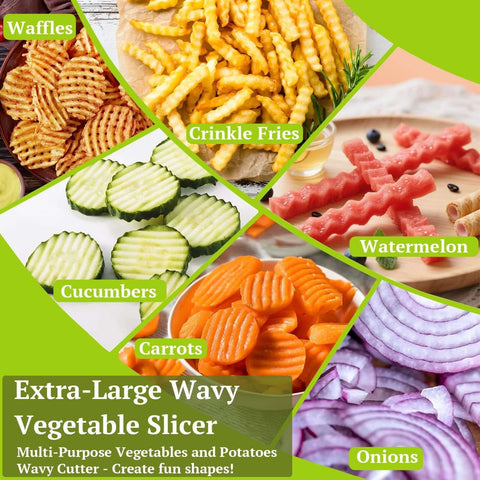 Extra-Large wavy vegetable slicer with wooden handle; shown with cucumbers, carrots, onions and fries