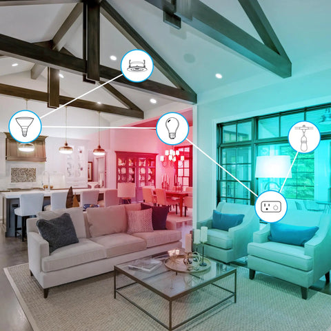 Living room with PAR38 Smart Flood Light Bulb With 2.4 GHz WiFi No Hub Needed RGBW Color Changing And Tunable White lighting setup