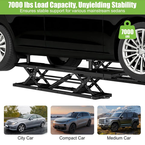 Beefy 7000 Lbs Portable Car Lift With 26.8 Inch Max Height Four Column Quick Jack For Cars SUVs And Light Trucks 120V Power Unit Extended Plates Garage Or Shop Ready lifting a car