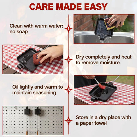 Heavy Duty Cast Iron Campfire Pie Maker Set For Camping Hobo Pie Iron care instructions with cleaning and storage steps.