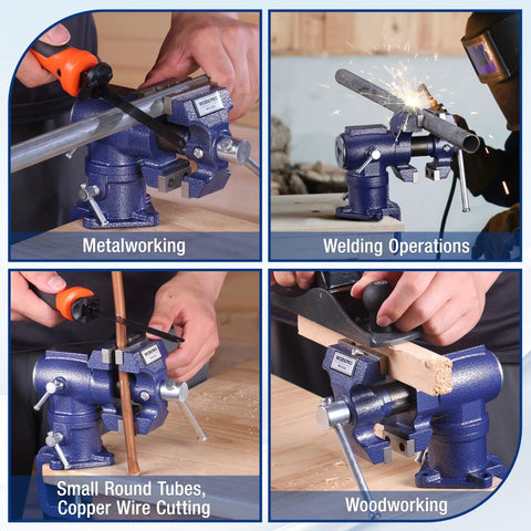 Dual Jaws Table Vise With 2.5 Inch Serrated Jaw And 1.5 Inch Smooth Jaw, 360 Degree Swivel Clamp On Bench Vise in use for metalworking and woodworking