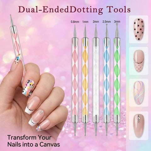 Beginner Home DIY Press On Nail Kit With 15 Nail Art Brushes 5 Dotting Pens showcasing nail art designs.