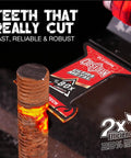 Premium Oscillating Multi Tool Blades For Hard Metal Demolition Featuring TiAlN Coated Carbide Edges and Precision Teeth cutting through a metal rod.