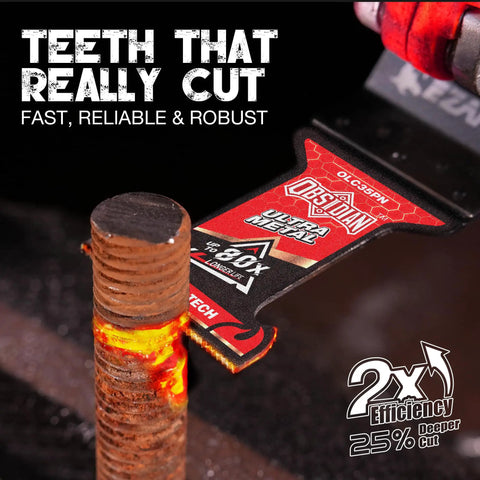 Premium Oscillating Multi Tool Blades For Hard Metal Demolition Featuring TiAlN Coated Carbide Edges and Precision Teeth cutting through a metal rod.