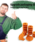 Man showing Auto Feed Trimmer Spool Line 0.065 Inch 11 Ft Refills with orange spools for Worx string trimmers and edgers.