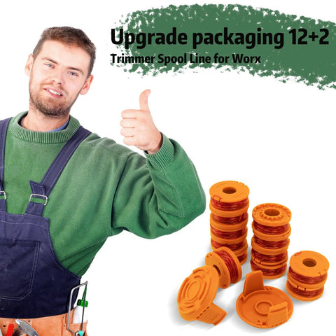 Man showing Auto Feed Trimmer Spool Line 0.065 Inch 11 Ft Refills with orange spools for Worx string trimmers and edgers.