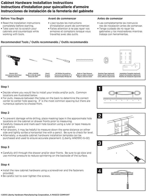 Cabinet hardware installation instructions with diagram and step-by-step guide for mounting handles on doors or drawers.