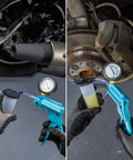 Duratech 2-in-1 brake bleeder kit with handheld vacuum pump, blue plastic; split view shows tubing at wheel and gauge on brake caliper.