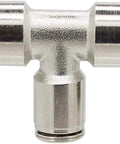 One Quarter Inch Push To Connect Tee Fittings Nickel Plated Brass Quick Connect Set for pneumatic lines and air tools front view