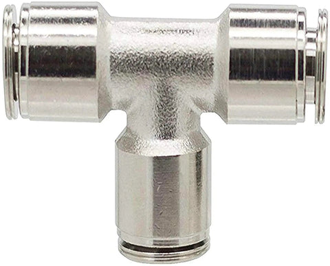 One Quarter Inch Push To Connect Tee Fittings Nickel Plated Brass Quick Connect Set for pneumatic lines and air tools front view