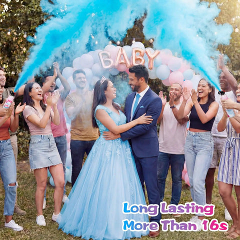 Celebration with blue smoke from Zero Stress Safe Cornstarch Gender Reveal Smoke Bombs 2 Pack Fire Extinguisher Blast Cannon.