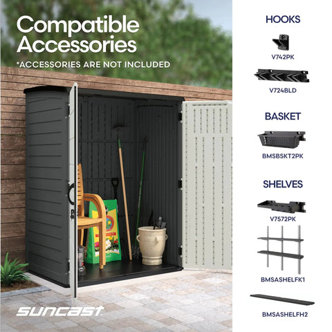 Massive 106 Cu Ft Vertical Outdoor Storage Shed With Floor And Lockable Double Doors open showing organized tools inside