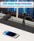 Eight Outlet Magnetic Power Strip With 6 Ft 14AWG Cord Mounts On Metal Surfaces No Drill Setup Includes Four Screws For Easy Wall Or Desk Use Perfect For Garage Shop Or Home Office, black metal 8-outlet surge strip on desk